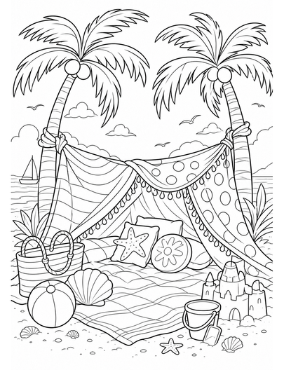 Beach Blanket Fort Under Breezy Palms printable coloring page from the summer coloring pages collection
