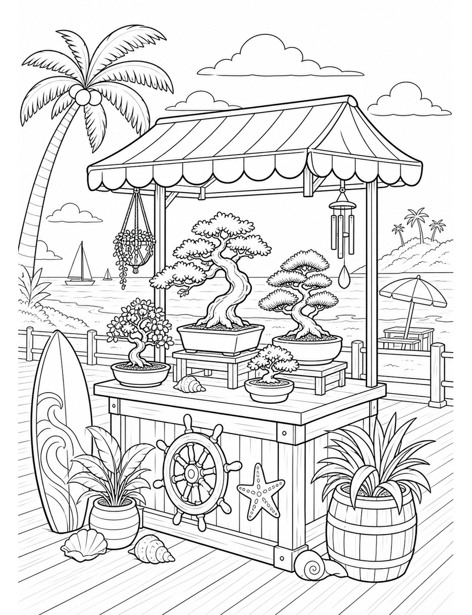Beach Bonsai Stall By The Boardwalk printable coloring page from the summer coloring pages collection