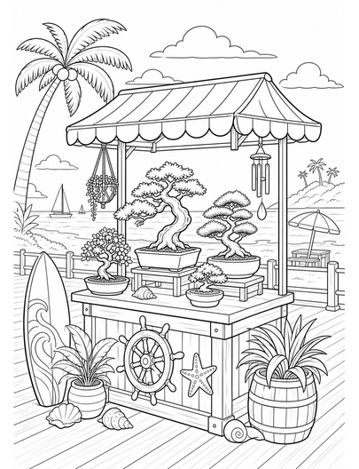 Beach Bonsai Stall By The Boardwalk printable coloring page from the summer coloring pages collection