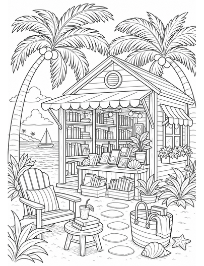 Beach Bookshop Under Breezy Palm Trees printable coloring page from the summer coloring pages collection