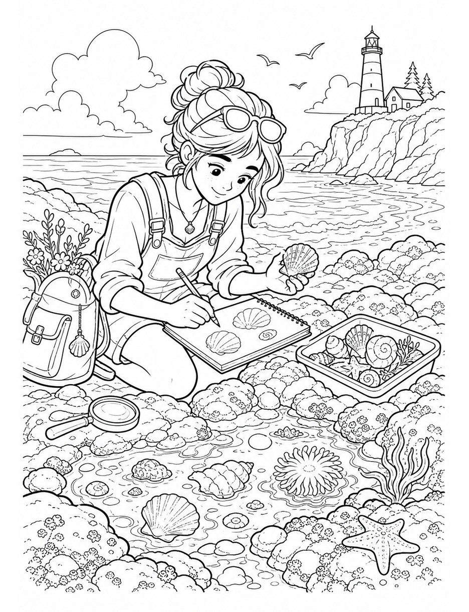 Beach Botanist Sketching Tide Pool Shells printable coloring page from the summer coloring pages collection