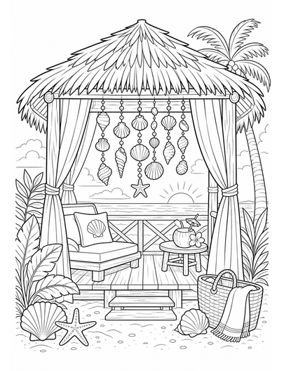 Beach Cabana With Seashell Wind Chimes printable coloring page from the summer coloring pages collection
