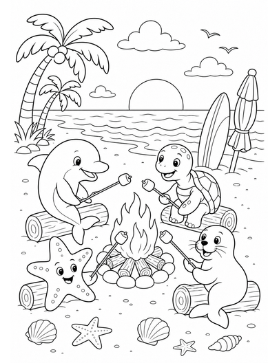 Beach Campfire Marshmallow Roast At Dusk printable coloring page from the summer coloring pages collection