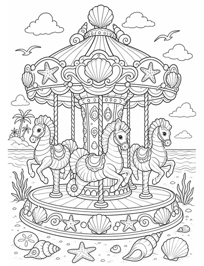 Beach Carousel Of Seashell Horses printable coloring page from the summer coloring pages collection