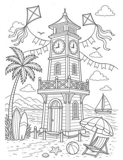 Beach Clock Tower With Kite Banners printable coloring page from the summer coloring pages collection