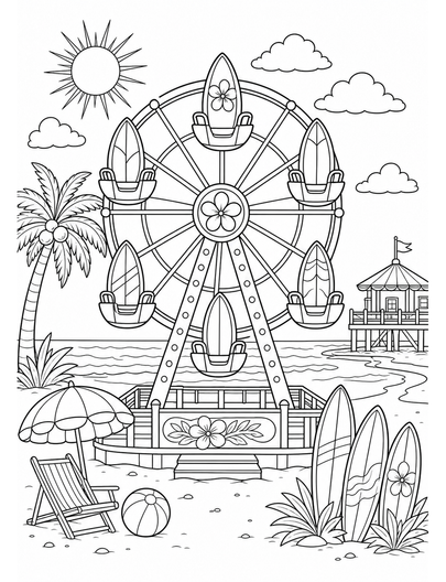 Beach Ferris Wheel With Surfboard Carts printable coloring page from the summer coloring pages collection