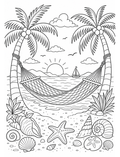 Beach Hammock Under Palm Trees With Seashells printable coloring page from the summer coloring pages collection
