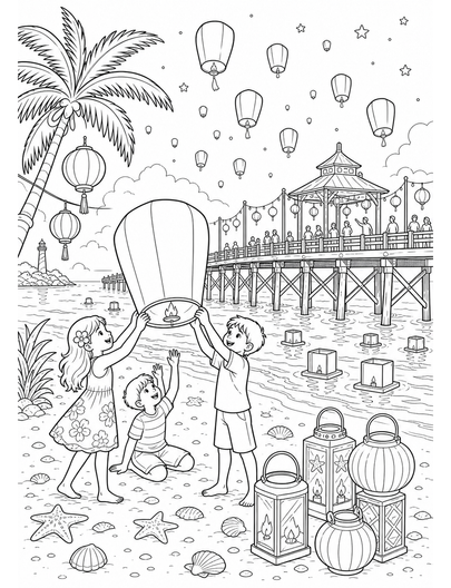 Beach Lantern Festival By The Pier printable coloring page from the summer coloring pages collection