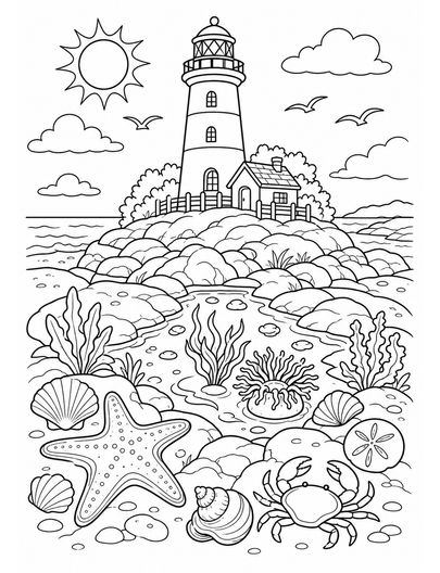 Beach Lighthouse With Tide Pool Treasures printable coloring page from the summer coloring pages collection
