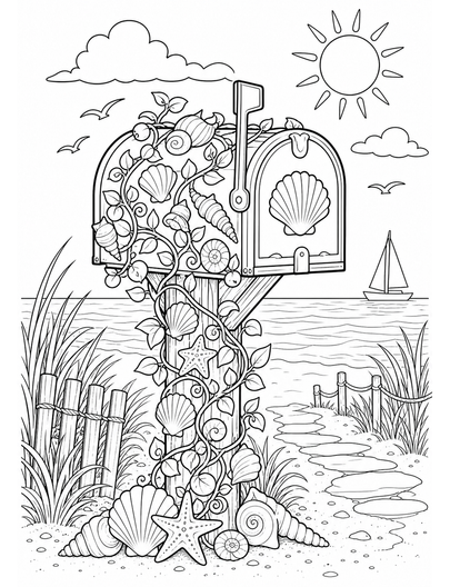 Beach Mailbox Covered In Seashell Vines printable coloring page from the summer coloring pages collection
