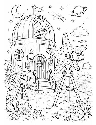 Beach Observatory With Starfish Telescopes printable coloring page from the summer coloring pages collection