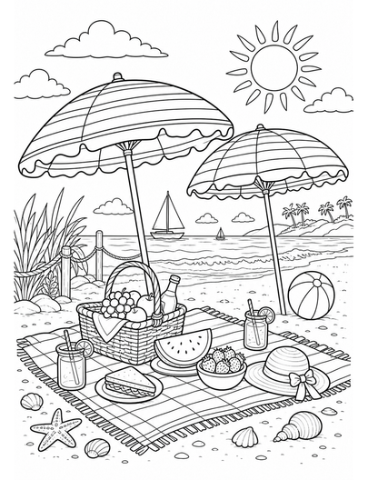 Beach Picnic Under Striped Umbrellas printable coloring page from the summer coloring pages collection