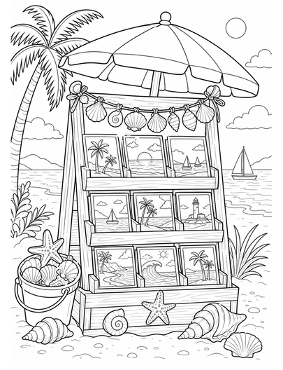 Beach Postcard Stand With Seashell Garland printable coloring page from the summer coloring pages collection