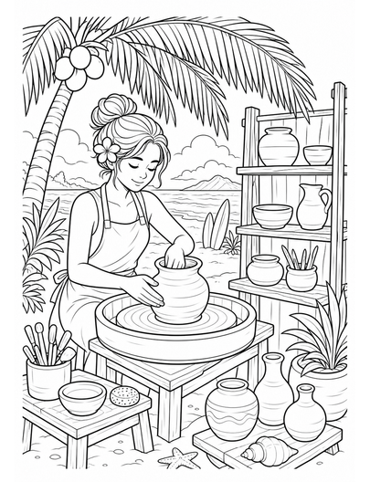Beach Pottery Studio Under Palm Leaves printable coloring page from the summer coloring pages collection