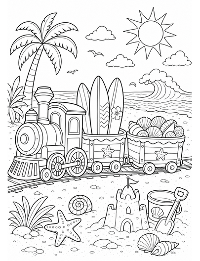 Beach Train Carrying Surfboards And Shells printable coloring page from the summer coloring pages collection