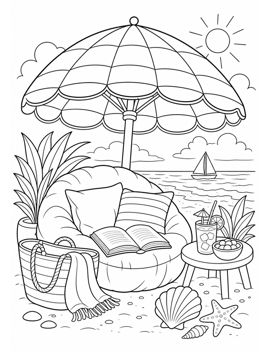 Beach Umbrella Reading Nook printable coloring page from the summer coloring pages collection