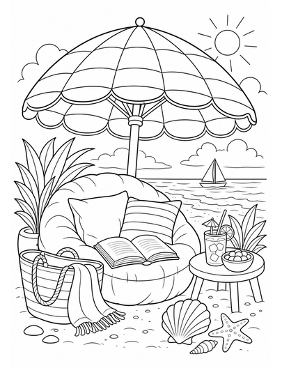 Beach Umbrella Reading Nook printable coloring page from the summer coloring pages collection