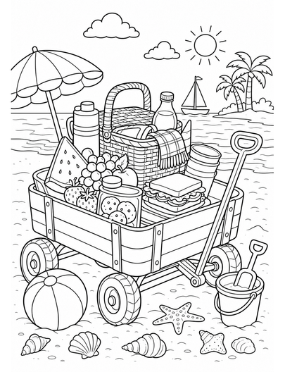 Beach Wagon Packed With Picnic Treats printable coloring page from the summer coloring pages collection
