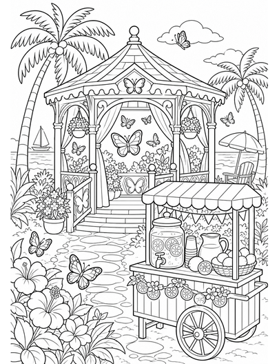 Beachside Butterfly Pavilion With Lemonade Cart printable coloring page from the summer coloring pages collection