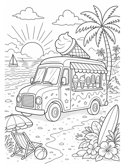 Beachside Ice Cream Truck At Sunset printable coloring page from the summer coloring pages collection