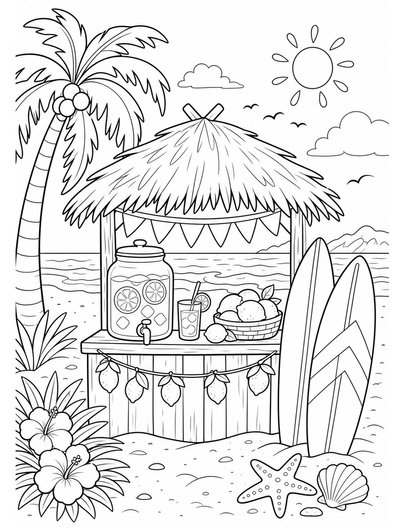 Beachside Lemonade Stand With Surfboards printable coloring page from the summer coloring pages collection