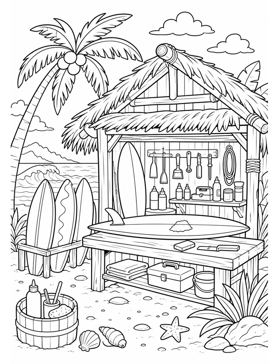 Beachside Surfboard Repair Shack printable coloring page from the summer coloring pages collection