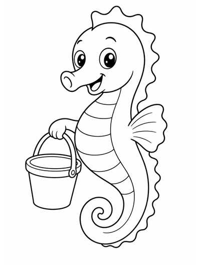 Cheerful Seahorse With A Beach Bucket printable coloring page from the summer coloring pages collection