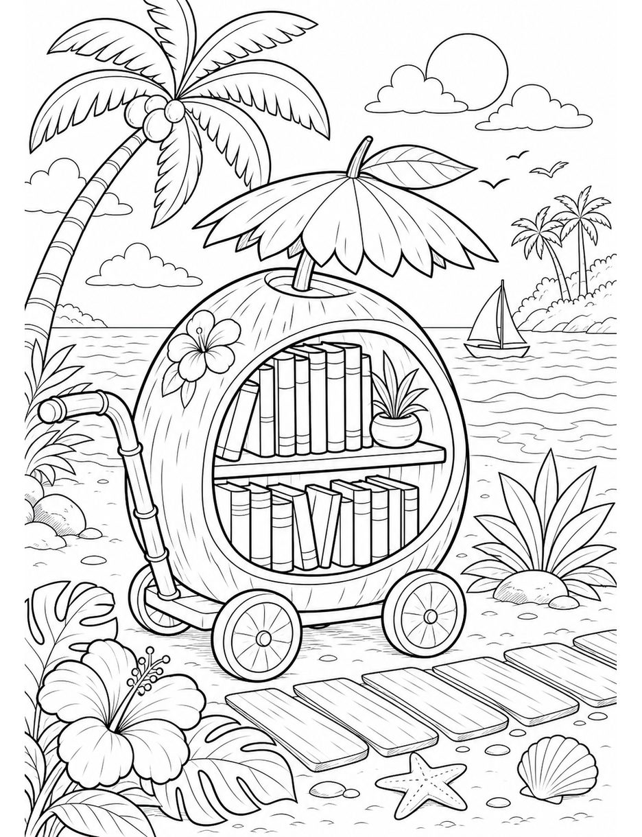 Coconut Library Cart By The Shore printable coloring page from the summer coloring pages collection