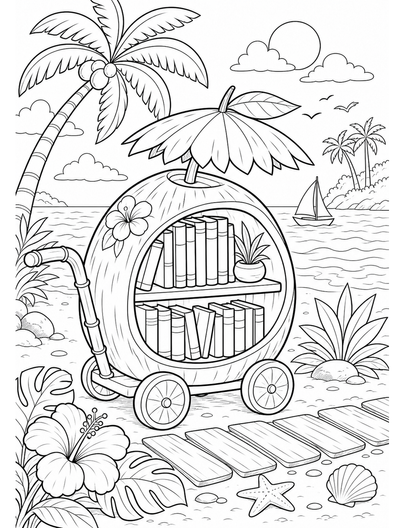 Coconut Library Cart By The Shore printable coloring page from the summer coloring pages collection