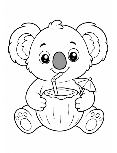 Cute Beach Koala With A Coconut Drink printable coloring page from the summer coloring pages collection