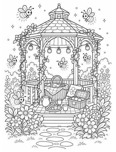 Firefly Picnic In A Garden Gazebo printable coloring page from the summer coloring pages collection