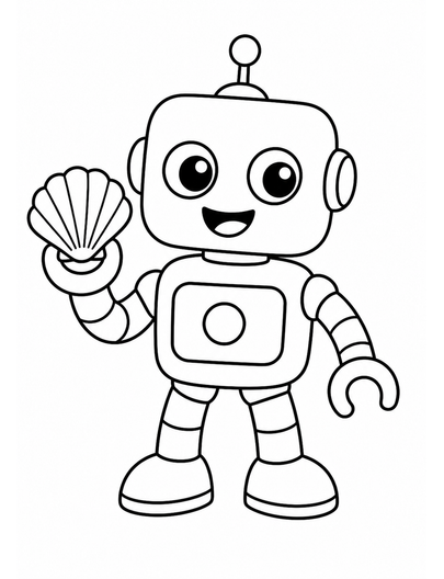 Happy Beach Robot With A Seashell printable coloring page from the summer coloring pages collection