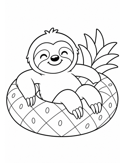 Happy Beach Sloth With A Pineapple Float printable coloring page from the summer coloring pages collection