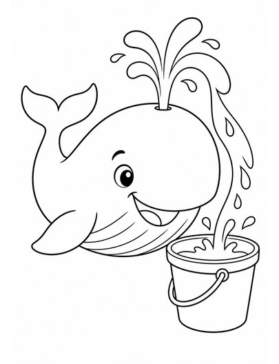 Happy Whale Spraying Water Over A Beach Bucket printable coloring page from the summer coloring pages collection