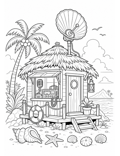 Island Radio Hut With Seashell Antenna printable coloring page from the summer coloring pages collection