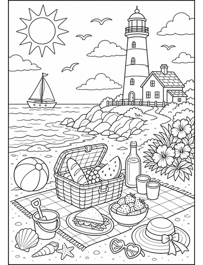 Lighthouse Picnic By The Seaside printable coloring page from the summer coloring pages collection