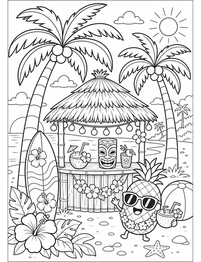 Palm Tree Beach Party With A Tiki Hut printable coloring page from the summer coloring pages collection