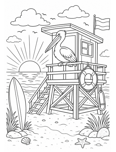 Pelican Lifeguard Tower At Sunrise printable coloring page from the summer coloring pages collection