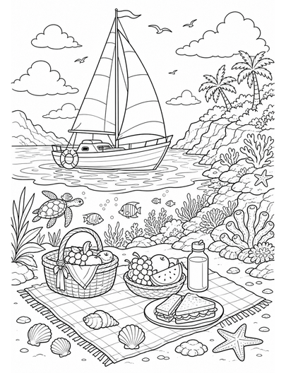 Sailboat Picnic Near A Coral Cove printable coloring page from the summer coloring pages collection