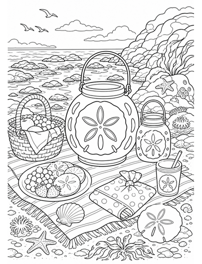 Sand Dollar Lantern Picnic By Tide Pools printable coloring page from the summer coloring pages collection
