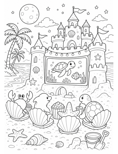 Sandcastle Cinema By The Moonlit Shore printable coloring page from the summer coloring pages collection