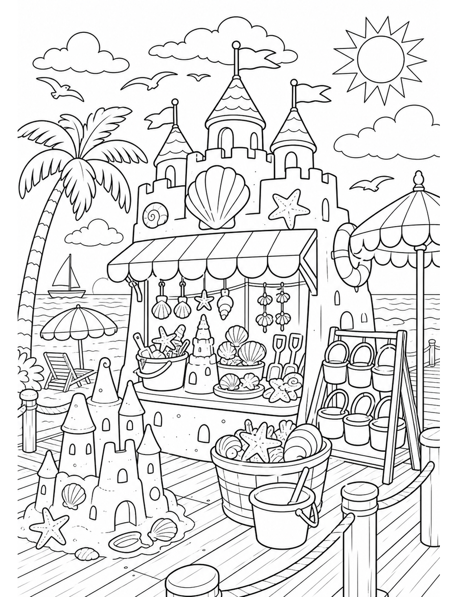 Sandcastle Market On The Beach Boardwalk printable coloring page from the summer coloring pages collection