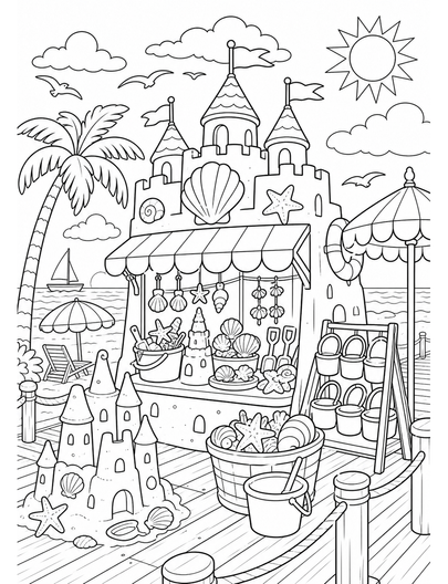 Sandcastle Market On The Beach Boardwalk printable coloring page from the summer coloring pages collection