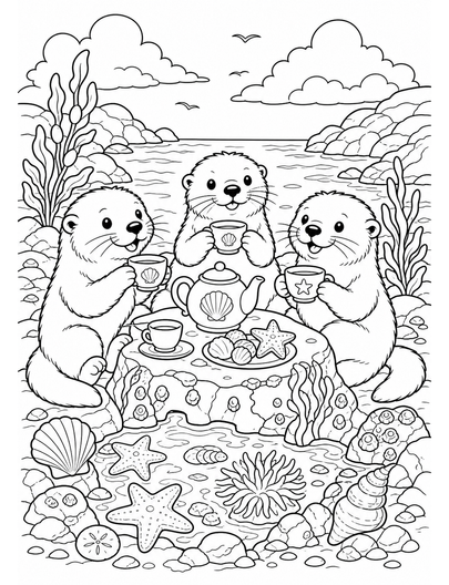 Sea Otter Tea Party By A Tide Pool printable coloring page from the summer coloring pages collection