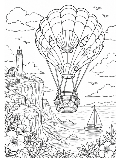 Seashell Hot Air Balloon Over Summer Cliffs printable coloring page from the summer coloring pages collection
