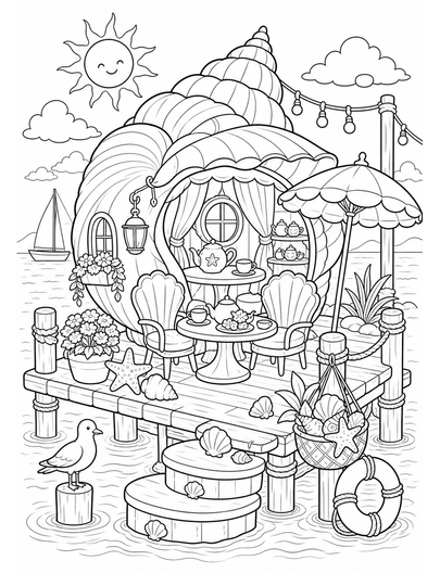 Seashell Tea House On A Summer Pier printable coloring page from the summer coloring pages collection