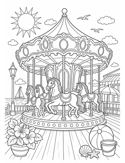 Seaside Boardwalk Carousel At Noon printable coloring page from the summer coloring pages collection