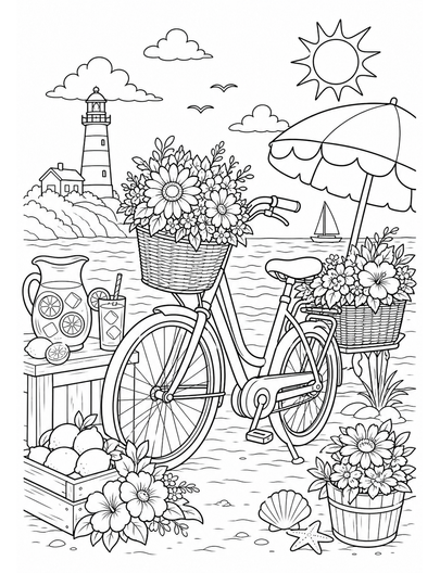 Seaside Lemonade Bicycle With Flower Baskets printable coloring page from the summer coloring pages collection