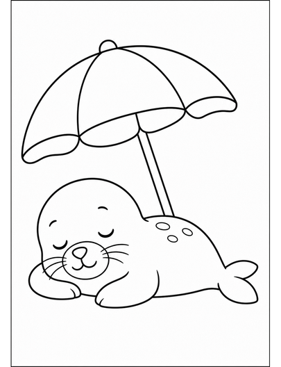 Sleepy Seal With A Beach Umbrella printable coloring page from the summer coloring pages collection