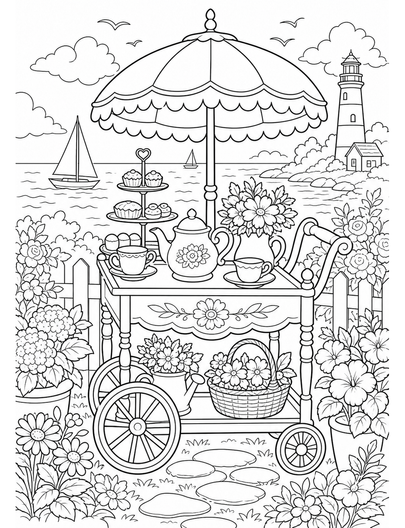 Summer Garden Tea Cart By The Seaside printable coloring page from the summer coloring pages collection